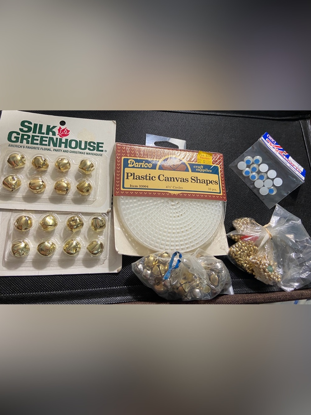 Lot of Vintage Craft Supplies Including Jingle Bells, plastic canvas circles